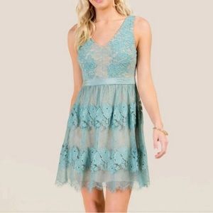 AUW TEAL LACE OVERLAY SLEEVELESS FIT AND FLARE DRESS SIZE EXTRA SMALL 🌟EUC🌟